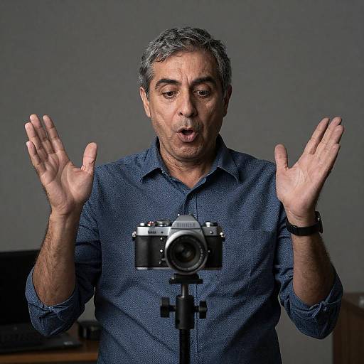 Surprised Man with Camera in Dim Light