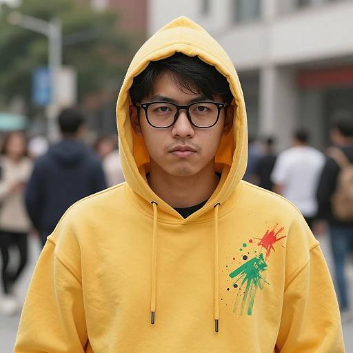 Young Man in Yellow Hoodie with Paint Splatters
