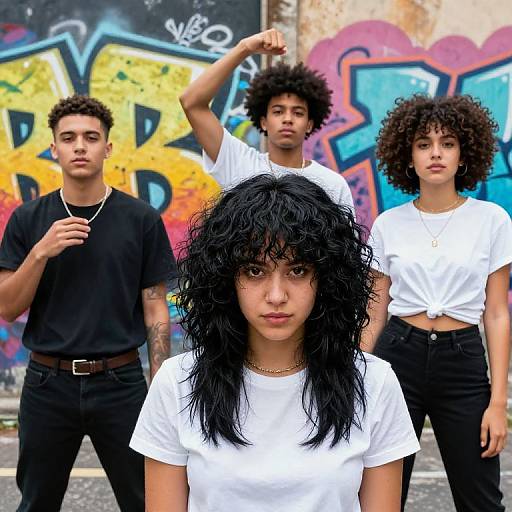 Photograph of four young people with curly hair, standing in front of colorful graffiti; three in white shirts, one in black, against a vibrant urban