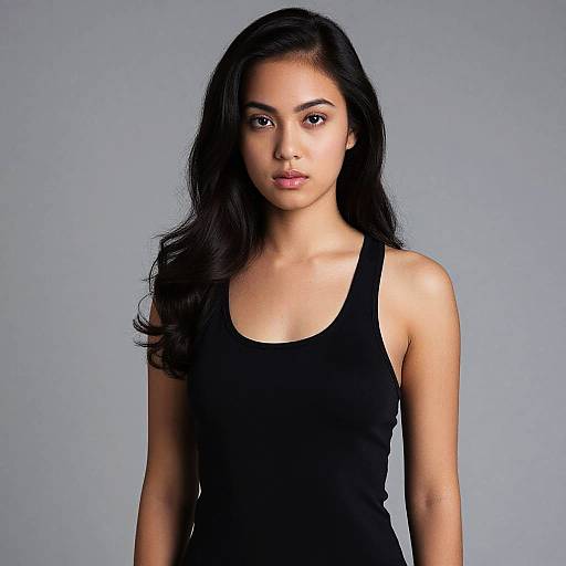 Photograph of a young Asian woman with long black hair, wearing a black tank top, standing against a plain gray background.