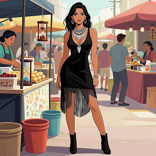 Digital illustration of a confident, dark-haired woman in a black fringe dress, black boots, and silver jewelry, standing at a vibrant outdoor market stall with