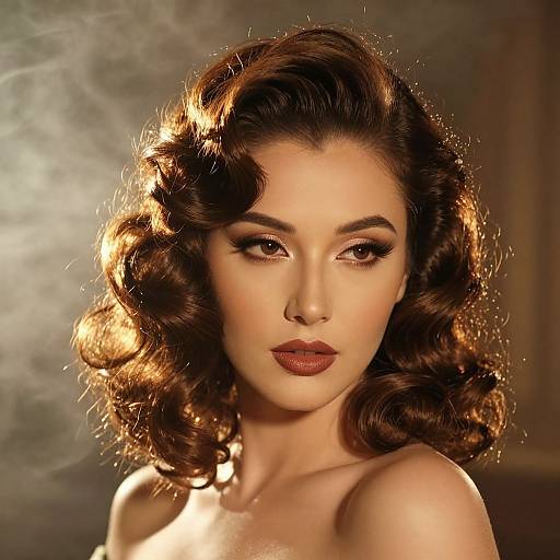 Photorealistic portrait of a sultry, fair-skinned woman with vintage-style, dark brown, curly hair, glowing with warm light, and intense