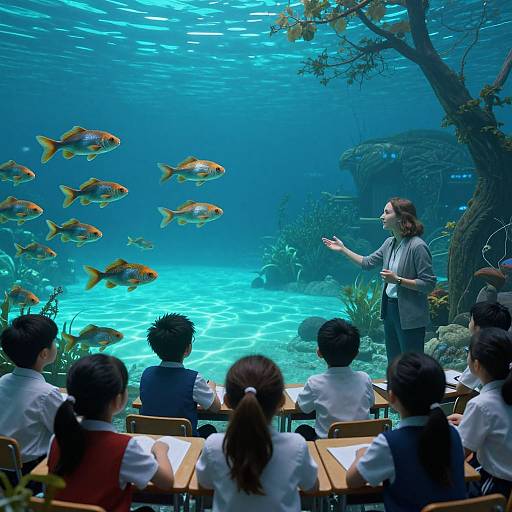 Photograph of a teacher in a blue underwater-themed aquarium, speaking to students in white shirts, surrounded by yellow fish and aquatic plants.