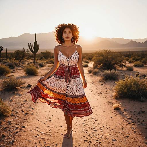 Woman in Colorful Sundress Walking in Desert at Sunset