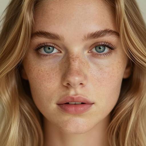 Close-up photograph of a freckled, blonde-haired woman with blue eyes, full lips, and natural makeup, looking intently forward.