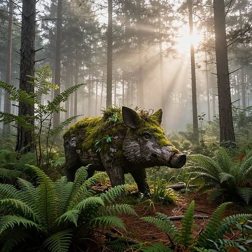 Photograph of a forest sunbeam-lit, featuring a moss-covered wild boar standing amidst lush ferns and tall trees, creating a mystical,