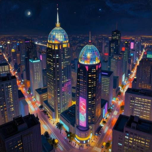 Aerial nighttime photograph of a neon-lit cityscape with two domed skyscrapers, vibrant building lights, busy streets, and a crescent