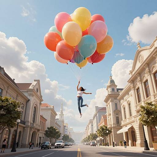 Photograph of a woman in a white top and blue jeans, mid-jump, holding colorful balloons (red, yellow, pink, blue) over
