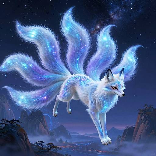 Digital art of a glowing, multi-tailed white fox with blue and purple ethereal fur, flying against a starry night sky over a misty