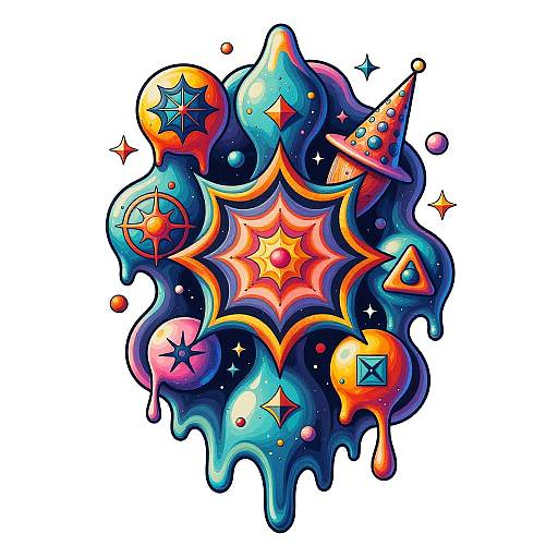 Vibrant digital artwork of a colorful, dripping starburst filled with orange, blue, and purple geometric shapes, stars, and a party hat.