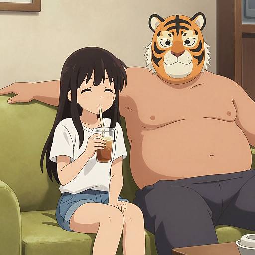 Anime-style drawing of a young girl with long black hair and a shirt, sitting on a green couch, sipping a drink, next to a shirt