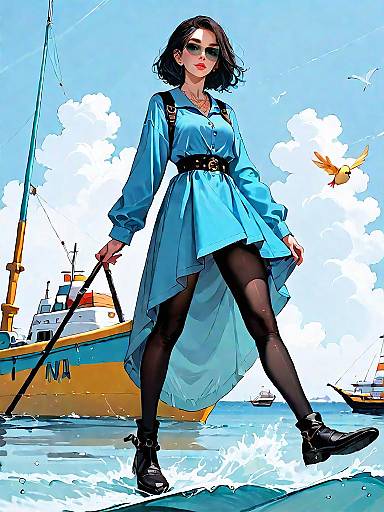 Chic Woman in Blue Dress by Harbor