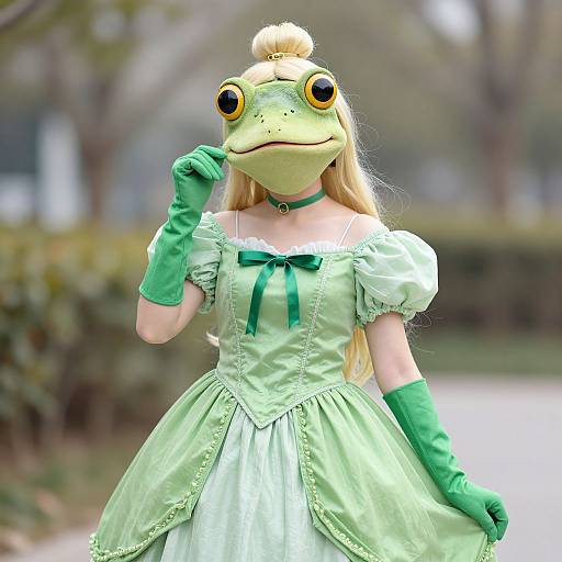 Photograph of a person in a green frog mask, blonde hair, green gloves, and a light green Victorian-style dress with puffed sleeves, standing
