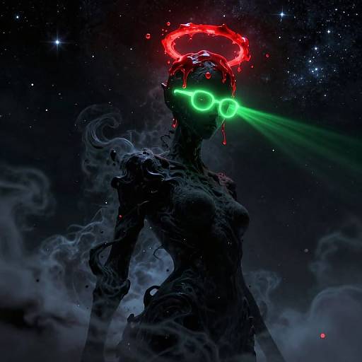Digital art of a dark, smoky, humanoid figure with glowing green eyes, red halo, and neon green beams, set against a starry night