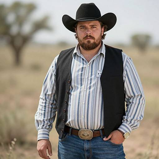Photograph of a rugged, bearded man with a black cowboy hat, striped shirt, black vest, and blue jeans, standing in a sunlit