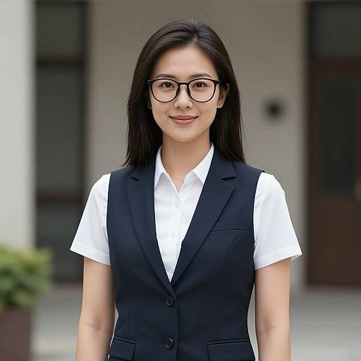 Photograph of an Asian woman with straight black hair, wearing black-rimmed glasses, a white shirt, and a black vest, standing in front