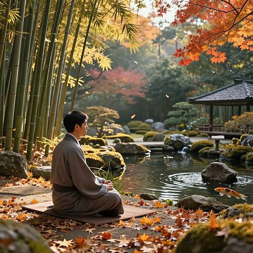 Photograph: Asian man in traditional gray kimono, sitting by tranquil pond, surrounded by autumn foliage, bamboo, and traditional Japanese house.