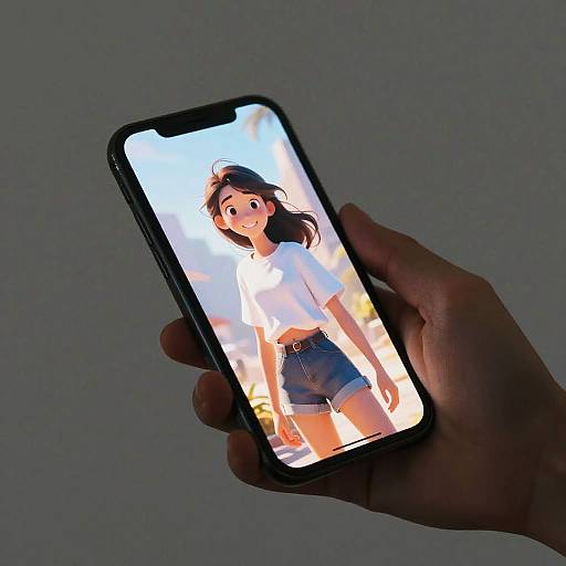 Photograph of a hand holding a smartphone displaying a digital cartoon of a surprised girl with black hair, wearing a white shirt and blue shorts, against a