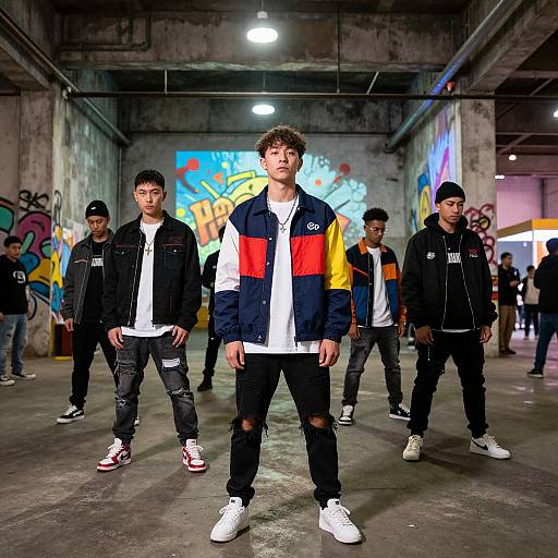 Photograph of five young men in urban streetwear standing in a graffiti-covered, dimly-lit concrete basement, with one central figure in a colorful