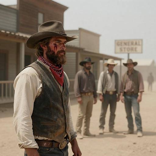 Dusty Western Cowboy with Bloodied Face in Old Town