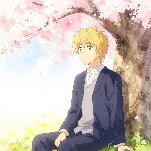 Anime-style digital drawing of a blond boy with blue eyes, sitting under a cherry blossom tree in a navy suit, white shirt. Bright, pastel
