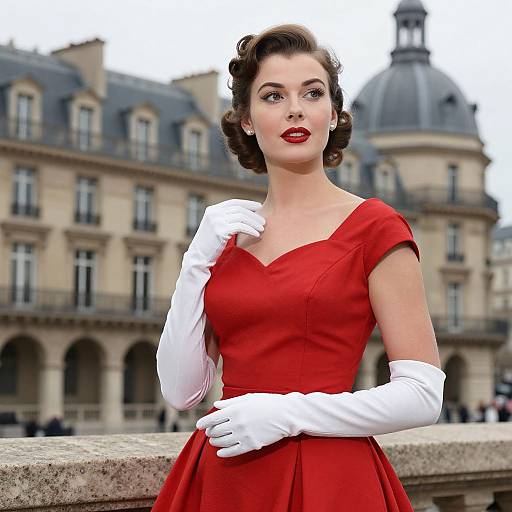 Photograph of a fair-skinned woman in a vintage-style red dress and white gloves, with curled brown hair, standing in front of a French building