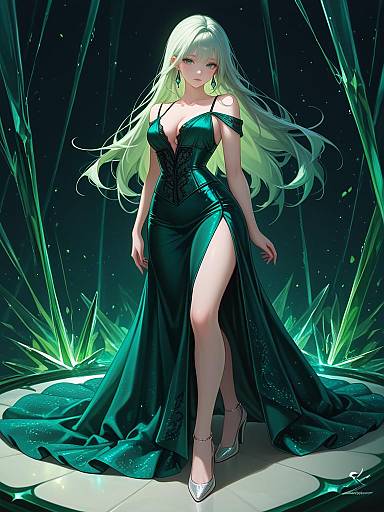 Elegant Woman in Emerald Green Satin Gown