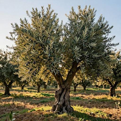 Photograph of a mature olive tree with dense, silver-green leaves, strong twisted trunk, and sunlight filtering through, set in an olive grove.