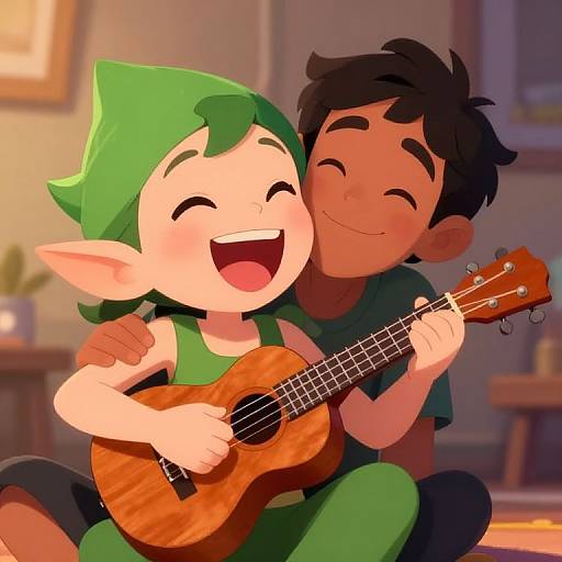 Digital cartoon of a green-haired elf with pointy ears and a brown-haired boy, both smiling, playing a small acoustic guitar together.