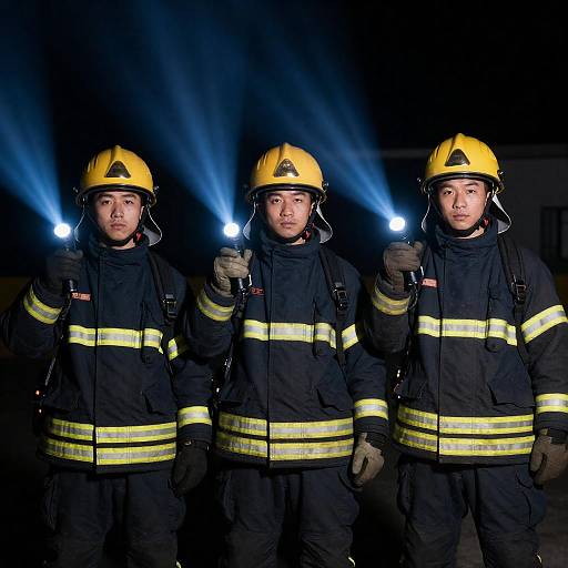 Three Firefighters Holding Flashlights in Dark