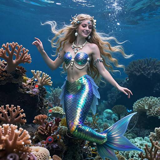 Photorealistic digital art of a shimmering blue mermaid with long blonde hair, adorned with seashells, swimming among colorful coral reefs underwater.