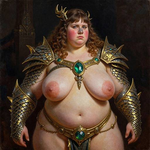 Digital painting of a plus-sized, fair-skinned woman with curly brown hair, wearing gold dragon-scale armor, antler crown, and green gemstone