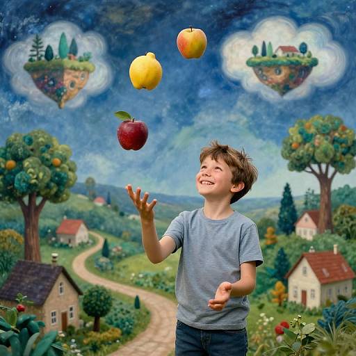Young boy in gray shirt levitating apples in whimsical, surreal landscape with floating islands, colorful houses, and vibrant foliage.