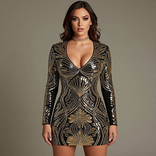 Photograph of a brunette woman with wavy hair, wearing a black sequined, long-sleeve, deep V-neck mini dress with gold floral