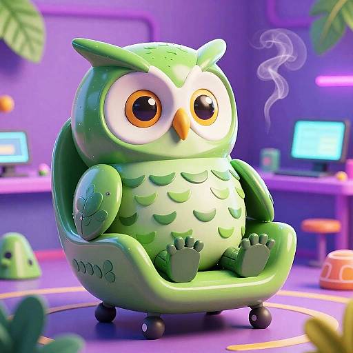 CGI cartoon green owl with large orange eyes and a yellow beak, sitting in a green chair in a vibrant, neon-lit room with computers