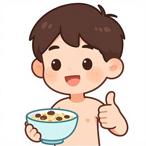 Cartoon Boy Holding Cereal Bowl Thumb Up