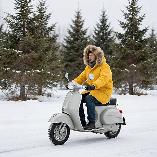 Photograph of a bearded man in a bright yellow parka with fur hood riding a white scooter through a snowy, pine tree-filled forest.