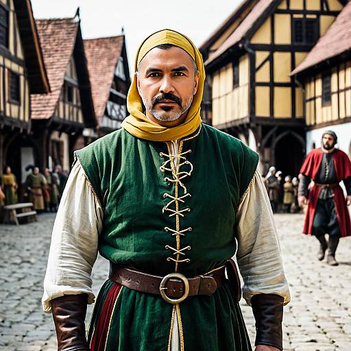 Man in Medieval Green and Yellow Costume