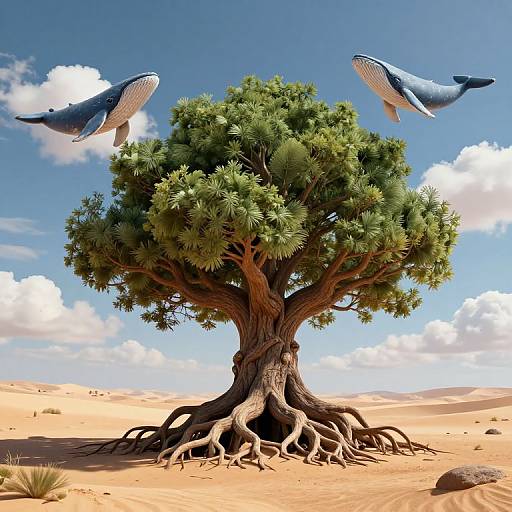 Photorealistic digital artwork of a gnarled tree with green foliage in a desert, with two blue whales hovering above. Bright blue sky with fluffy