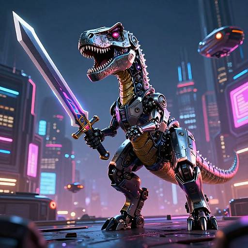 CGI cyberpunk scene of a robotic T-Rex holding a glowing purple sword, standing in a neon-lit, futuristic cityscape at night.