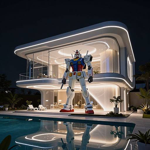 Photograph of a glowing, futuristic, two-story house at night with a large, illuminated, white and red robot standing by the pool.