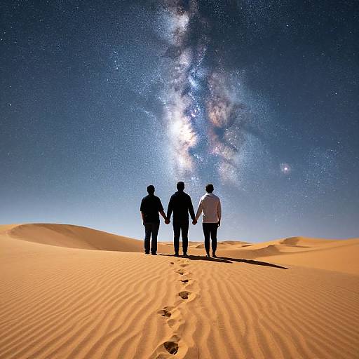 Silhouetted trio holds hands on sand dunes, gazing at Milky Way galaxy under a star-filled, clear night sky. Footprints lead
