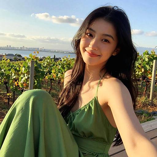 Sunlit Vineyard Selfie with Green Dress
