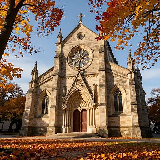 Photograph of a Gothic-style stone church with a large circular rose window, surrounded by autumn leaves, under a clear blue sky.