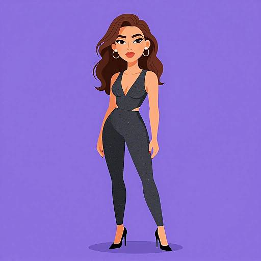 Digital illustration of a confident woman with long brown hair, wearing a black V-neck jumpsuit and high heels, standing against a solid purple background.