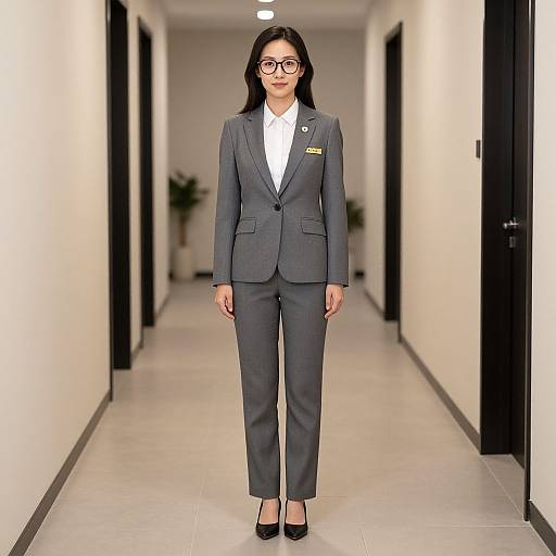 Photograph of a confident woman with long black hair, glasses, wearing a gray suit, white shirt, black shoes, standing in a modern, white