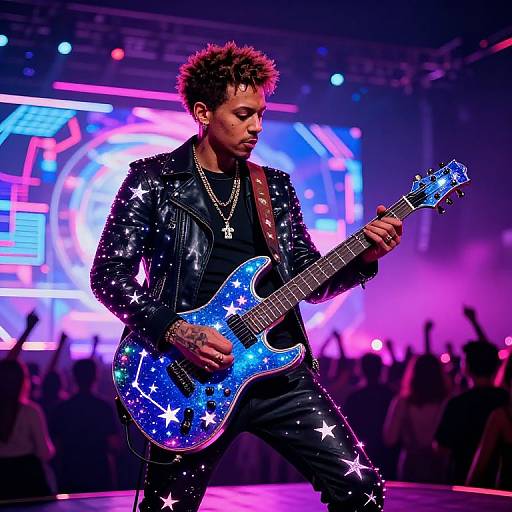 Photograph of a male musician with spiked hair, wearing a star-covered black leather jacket and pants, playing a blue star-patterned electric guitar on a