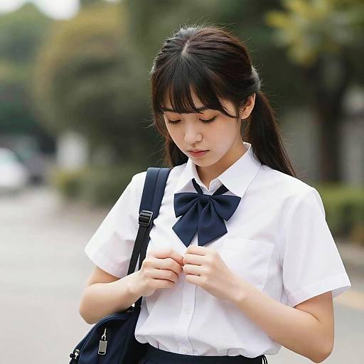 Photograph of an Asian teenage girl with long black hair, wearing a white short-sleeved shirt with a black bow tie, and black skirt,