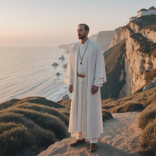 Man in Ivory Robe on Coastal Cliffs at Dawn