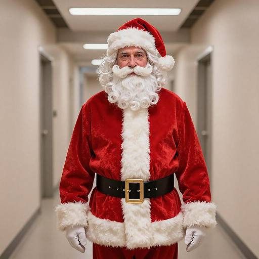 Photograph of a Santa Claus in a red velvet suit with white fur trim, black belt, and white gloves, standing in a brightly lit, empty